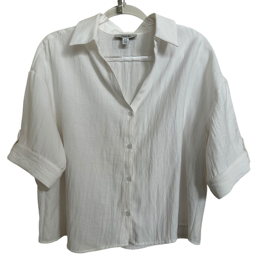 JASON WU White Viscose Blend Button Down Shirt Wide Cuffed Sleeve M